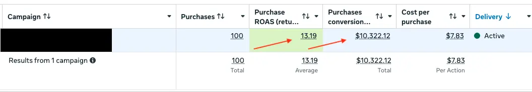 Tableau Meta Ads : 100 achats, ROAS de 13,19, 10 322,12 $ de valeur de conversion et 7,83 $ de coût par achat